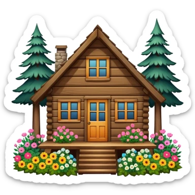 cabin in the woods, surrounded by pines, with flowers around sticker