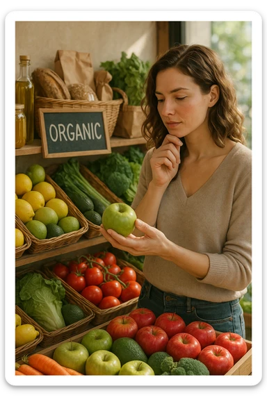 Donna che sta scegliendo quali alimenti di qualità mangiare sticker