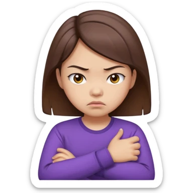 Angry Pouty girl with small asian eyes folding arms in a purple longsleeve shirt she has fair skin and brown hair sticker