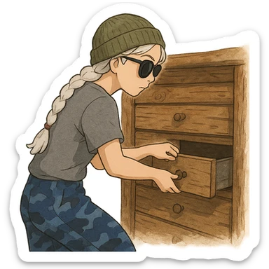 1 female, long white braid, knit cap, dark sunglasses, GRAY T-SHIRT, blue camo pants, LOOTING A CABIN, OPENING A DRAWER sticker
