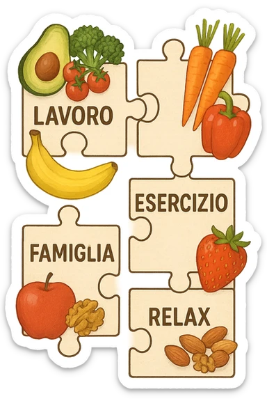 Puzzle (Lavoro, Esercizio, Famiglia, Relax), and healthy foods are integrated into each piece. in italiano sticker