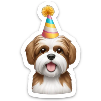 Brown and white shitzu smiling and wearing a birthday hat  sticker