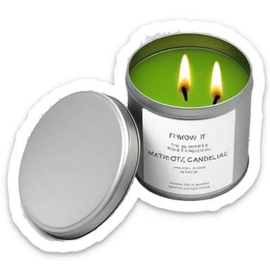 realistic, lit matcha scented candle, silver tin, small white label, text sticker