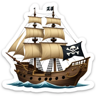 An icon representing an adventure game, inspired by high-seas exploration. The design features a fearless pirate gripping the wheel of a grand sailing ship, its tattered Jolly Roger flag billowing as it cuts through stormy waters. The scene evokes danger, treasure, and the thrill of the open sea. Transparent background. sticker