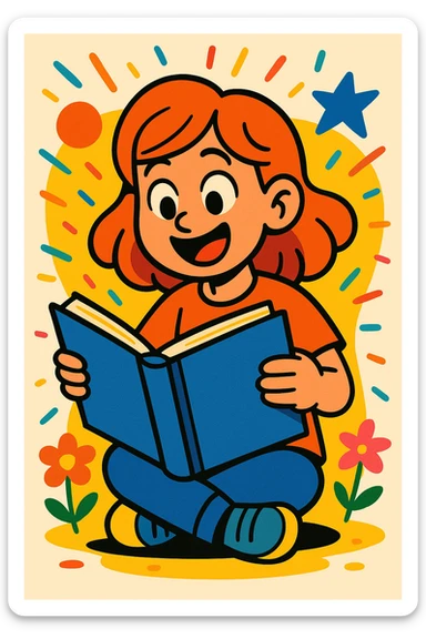 girl reading a book, vibrant cartoon style, colorful, lively, expressive sticker