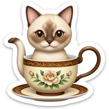 Happy siamese cat enjoying a fancy cup of tea in its front two paws sticker