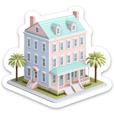 charleston pastel row home dollhouse, 3d isometric, realistic sticker