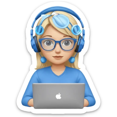 create a blonde hair women with blue glasses and blue headphones working on a laptop wearing a blue top. sticker