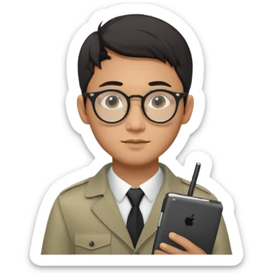 a asia man guy his 20s wearing an apple notebook, wearing bodyguard radio operator, round glasses, achromatic clothes sticker