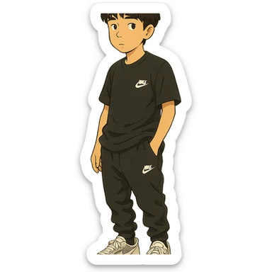 chico moreno cartoon with eyebrow-length bangs, wearing a black Nike t-shirt, black Nike pants lowered, white Dior sneakers, urban flow sticker