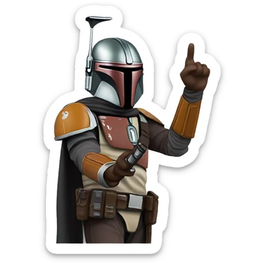 mandalorian pointing towards viewer with large hand sticker