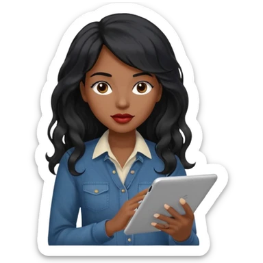 A young woman with long black hair, a wavy frange falling on half of her head.  She's black, medium to dark skinned with thick lips. She's holding something that let's us know she's the CEO of a creative agency, but she's wearing casual clothes. she has long eyelashes. sticker