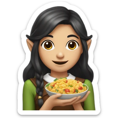 Elf girl with dark hair holding food sticker