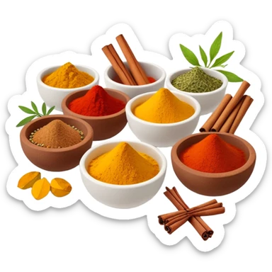 Assorted colorful spices in small bowls, including red paprika, yellow turmeric, green herbs, and brown cinnamon sticks sticker
