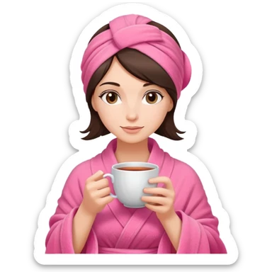 brunette girl hair wrapped in pink towel holding tea with hands sticker