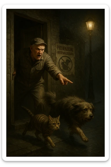 Un uomo anziano in tuta da lavoro, con espressione arrabbiata, butta fuori i suoi animali con aperta la porta di casa mentre il suo cane (un meticcio a pelo lungo) e il gatto (soriano) scappano nella strada buia sotto la pioggia. Particelle di polvere/pulci fluttuano nell'aria illuminata dal lampione. Sullo sfondo, un poster strappato del veterinario con scritto 'Prevenzione antiparassitaria'. Stile fotorealistico, illuminazione Caravaggesca, toni grigi e ocra. in italiano sticker