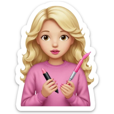 A long curled blonde haired  young girl with a pink sweater and holding a lip gloss sticker
