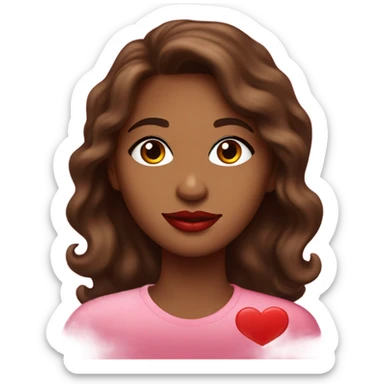 brown lady, medium brown long wavy hair, bright red lips, eyelashes, wearing red “happy Valentine’s Day” t shirt sticker