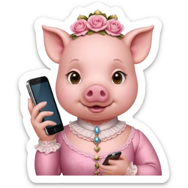 girl pig in victorian pink finery scrolling on an ornate cell phone sticker