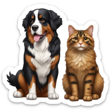 A Bernese dog next to A tortoiseshell cat without white sticker