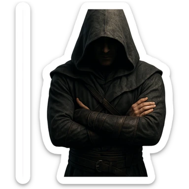 person in a hood, arms crossed like Assassin's Creed, mysterious vibe sticker