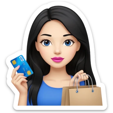 Girl with long black hair, pink lipstick, brown eyes holding shopping bags and blue credit card sticker