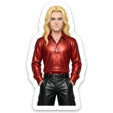 Lestat de Lioncourt with blue eyes, long blonde hair, red metallic shirt, black metallic baggy pants, silver necklace sticker