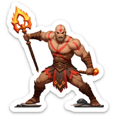 An icon showing a powerful warrior wielding a weapon, inspired by God of War: Ragnarok. The design captures the character’s strength, with dynamic motion lines. A fiery, mythological background with mountains and ruins enhances the epic atmosphere. Transparent background. sticker