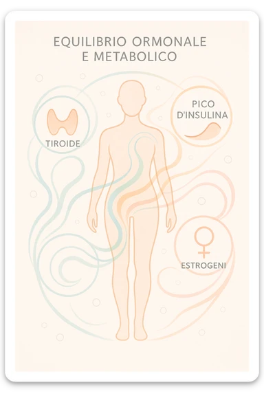 Il corpo è circondato da simboli delicati e bilanciati che rappresentano equilibrio ormonale e metabolico: piccoli cerchi, flussi energetici colorati, simboli stilizzati di tiroide, picco insulina, estrogeni. 4k immagine in italiano sticker