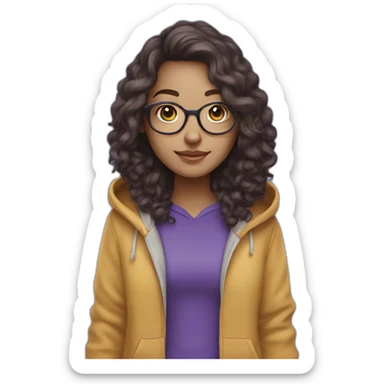 full length girl in a purple hoody, glasses with big blue eyes and white skin and curly dark browny long hair sticker