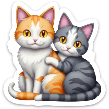 full body large dark grey and white cat cuddling a colourful light patched calico + white tabby cat  sticker