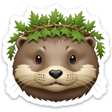 confused otter face with thorny brambles directly wrapped around its head, no crown shape, just thorny branches encircling the face sticker