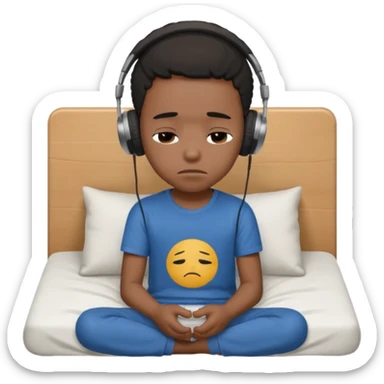 Sad black kid with headphones on sitting on a bed sticker