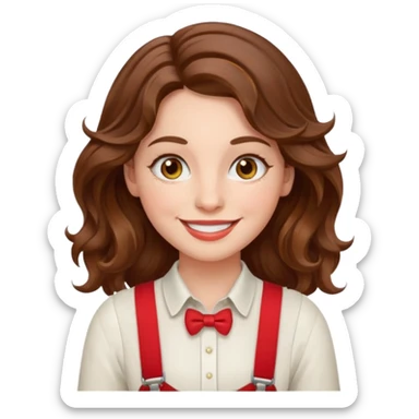 Woman with wavy brown hair and hazel eyes wearing red trouser suspenders  sticker