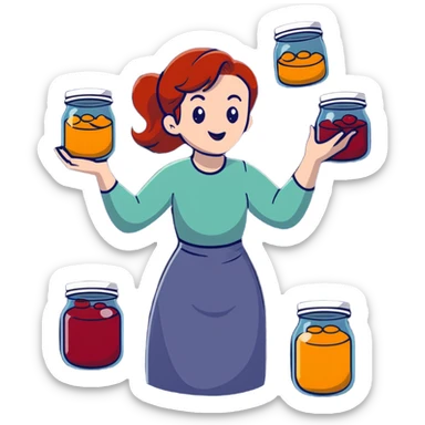 redhead woman juggling with 3 glass jars with jam sticker