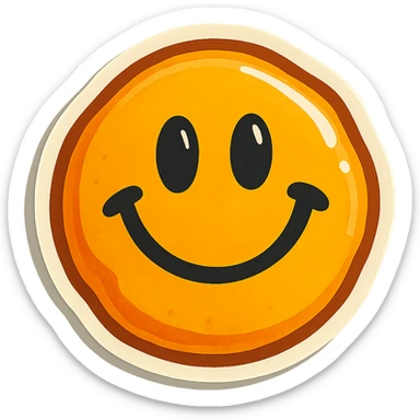 retro sticker style icon of a dalgona candy with a playful and bold smiley face pressed in the center sticker