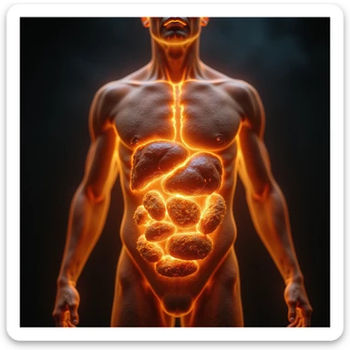 hyperrealistic 4K image showing fatty acids in the human body burning, stylized flames, anatomical details sticker