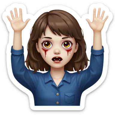 Uma menina zombie com um cabelo ondulado médio, com a franja pro lado esquerdo, o cabelo com cor castanho com as mão pra cima tipo zombie  sticker