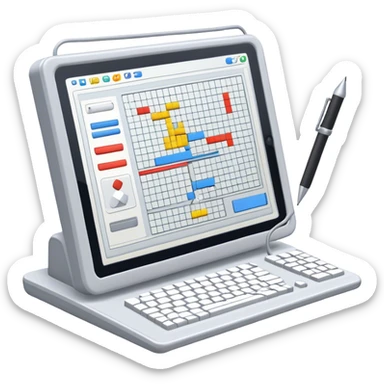 Emoji for Game Design: computer screen with Professional game interface, 3D models, pixel art, and design tools like grid, wireframe, and stylus. Symbolizes the technical and creative process of game development. Transparent background. sticker