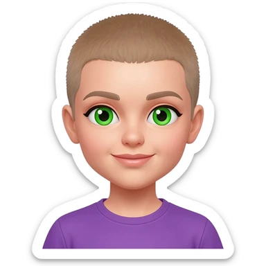 White skin , female, light brown buzzcut, purple shirt, green eyes sticker