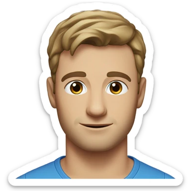 A head and shoulders shot of a 33 year old Caucasian man, with short brown hair,   with blue eyes wearing a t-shirt. sticker