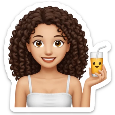 Woman with light skin and dark brown eyes and dark brown long curly hair and white tube top sticker