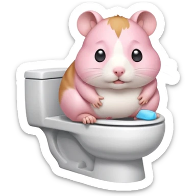 Cute chubby cartoon-style hamster sitting on toilet pooping looking as if he had an accident sticker