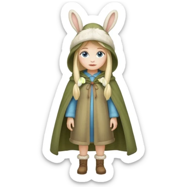 full body woman long blonde hair blue eyes white skin wearing rabbit hat and soft moss cloak sticker