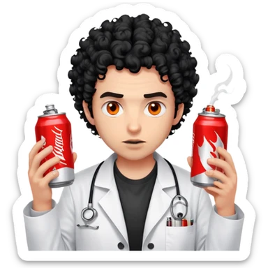 Hair: Untamed black curls with forehead strands sticking up Face: Monolid eyes bloodshot from screen glare, stubble shadow Clothes: Wrinkled graphic tee under unbuttoned lab coat Action: Frantically typing with energy drink cans piled high sticker