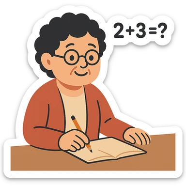 flat toon style grandma with short curly black hair doing math sticker
