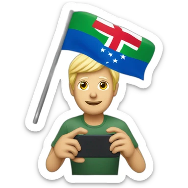 A 50 years old man, with blond hairs, holding an iphone in one,  and a portugueese flag in the other hand  sticker