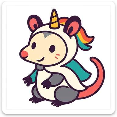 cute cartoon possum dressed up like a unicorn, vibrant toon style sticker