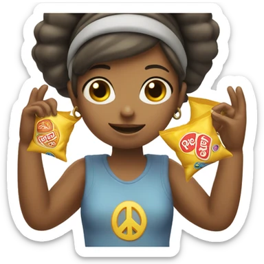 girl holding up peace sign with bag of chips on head sticker