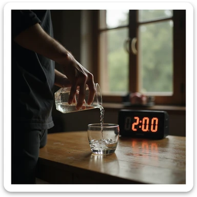 hyperrealistic 4K image of a man pouring water into a glass, empty table, digital clock showing 23:00, atmosphere of calm and discipline, Zen environment sticker